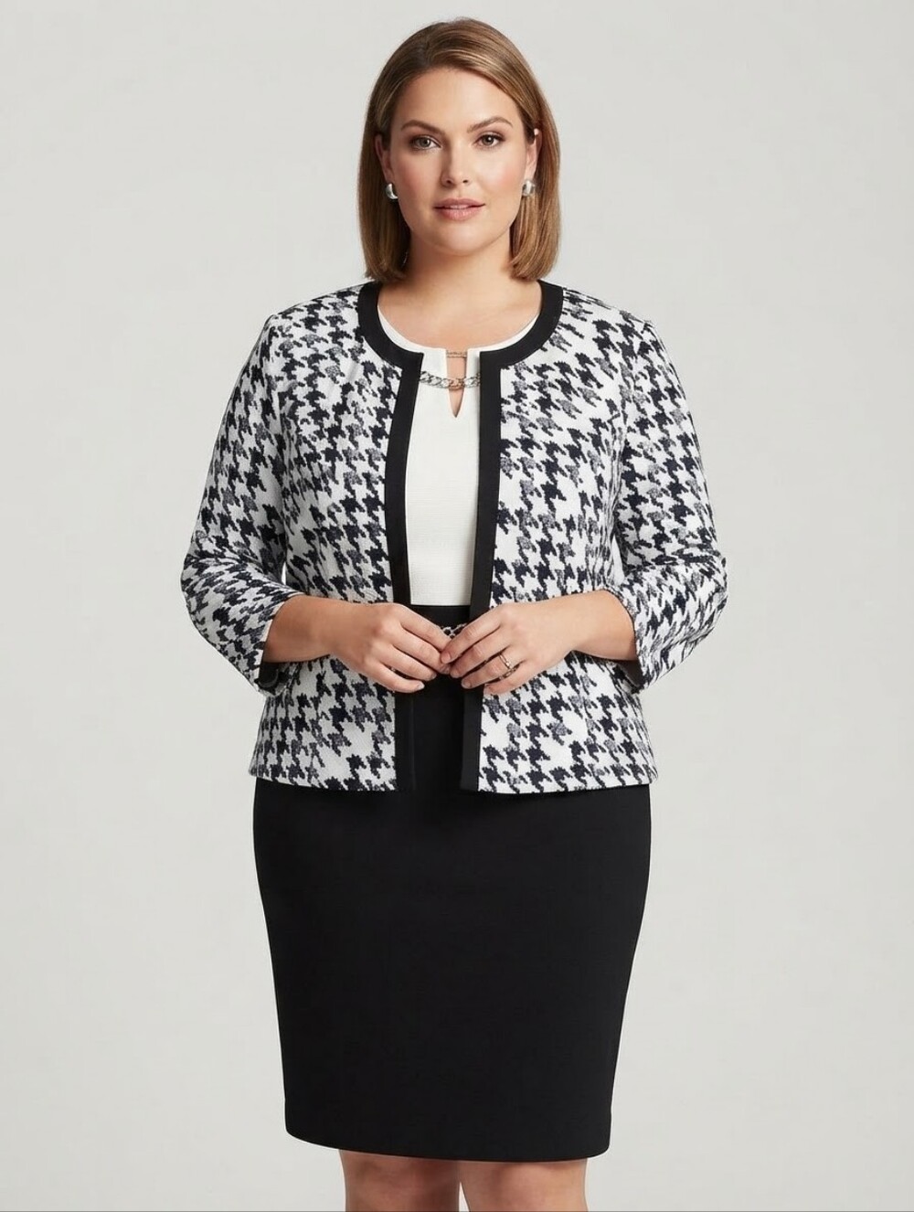 Studio One New York Black White Houndstooth Jacket Dress Set 16W